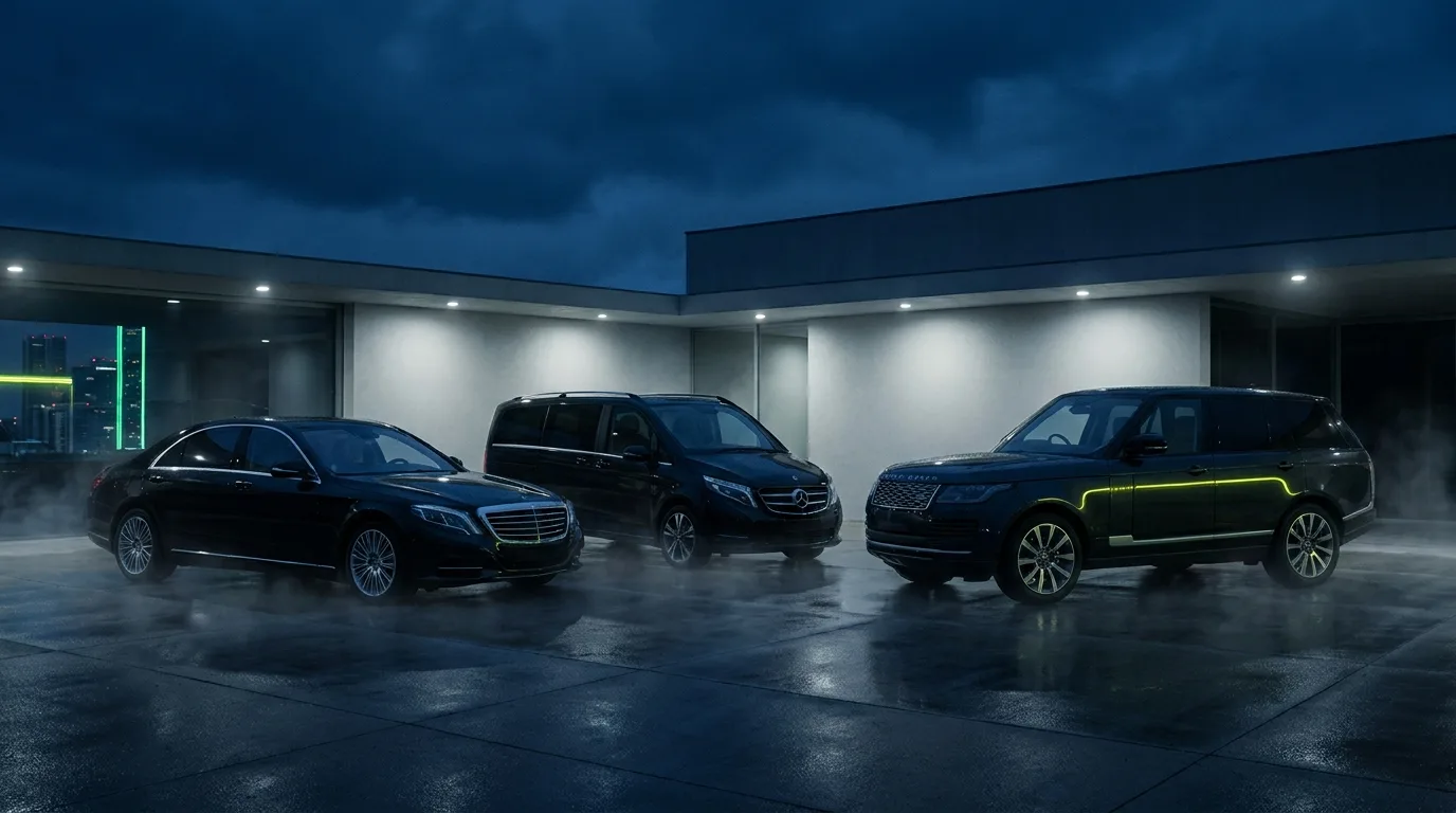 The Vroo fleet — Business, First and MPV, ready at night